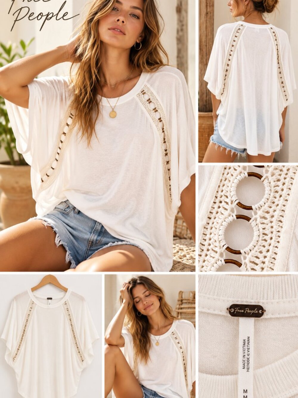 🤍✨ Free People Ivory/White Crochet Lace Boho Oversized Dolman Top M ✨🤍